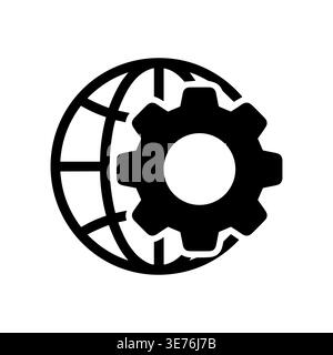 Globe and gear vector icon, global technology logo, black and white Stock Vector