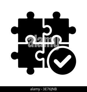 Four puzzle pieces connected with a checkmark, solid icon Stock Vector