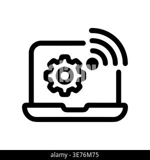 Laptop with gear and wifi icon, simple line art Stock Vector