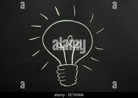 Drawn light bulb on black chalkboard Stock Photo