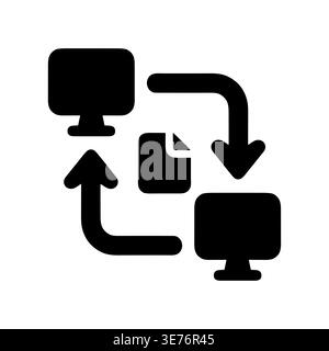 File transfer between computers network black glyph icon illustration Stock Vector