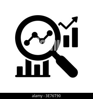 Data analysis with magnifying glass and growth chart glyph icon Stock Vector