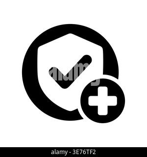 Shield with checkmark inside a circle icon, plus sign addition Stock Vector