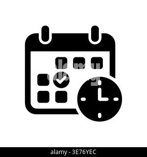Black glyph calendar icon with clock for schedule planning Stock Vector