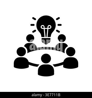 Brainstorming session black glyph icon, group with lightbulb, idea concept Stock Vector