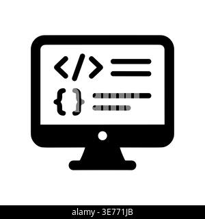 Monitor screen displaying code symbols, software development icon, black and white Stock Vector