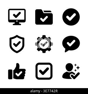 Black glyph check mark icons for UI design elements Stock Vector