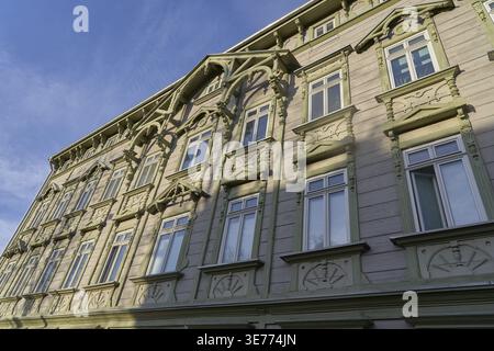 Historic old building on Leipziger Strasse in Magdeburg, Saxony-Anhalt, Germany, historic facade of a multi-storey building with artistic decorations Stock Photo