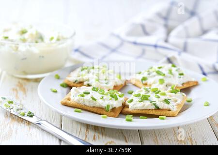 Crispy Crackers and a Glass Bowl with a Cream Cheese Spread and Cut Chives on a Light Kitchen Table Stock Photo