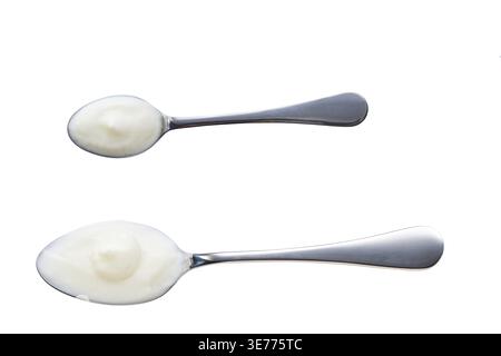 Probiotic yogurt in a metal spoon isolated on a white background, top view Stock Photo