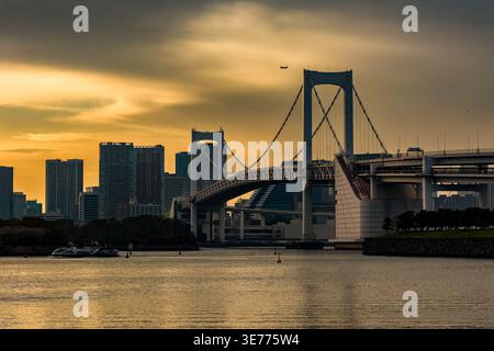 Scenic urban landscape featuring large bridge and skyscrapers at dusk Stock Photo