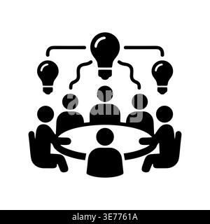 Brainstorming Session Illustration with People, Ideas, and Lightbulbs in Black Stock Vector