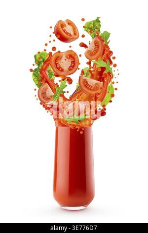 Red vegetable juice in glass with flying tomatoes, greens, green spinach, splashes and flows of juice, isolated. Vitamin vegetable smoothie for health Stock Photo