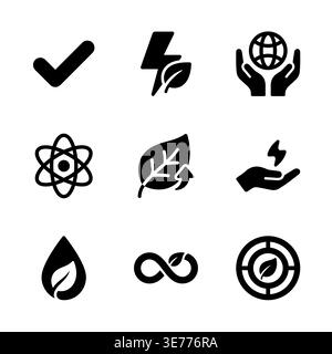 Set of eco-friendly and sustainable energy black glyph icons Stock Vector