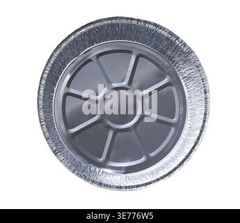 Empty disposable round aluminum foil baking dish isolated on white background, top view Stock Photo