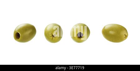 Marinated pitted olives isolated on a white background. pitted olives isolated. pickled pitted green olives Stock Photo
