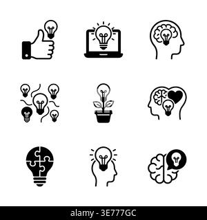 Set of Creative Idea Generation Icons in Black and White Stock Vector