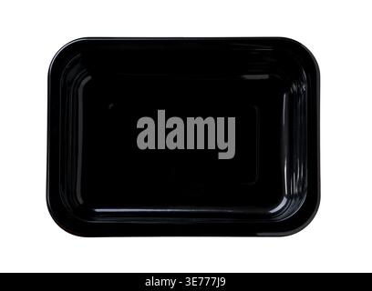 Empty plastic tray isolated. Empty plastic container close-up isolated on white background. Empty package for sausages or meat isolated. Plastic conta Stock Photo