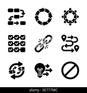 Set of black process and business flow solid icons Stock Vector