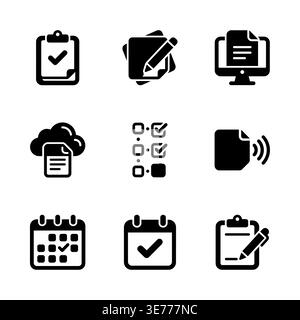 Black and white vector document and file glyph icons set Stock Vector