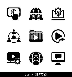 Set of black glyph icons related to video marketing Stock Vector