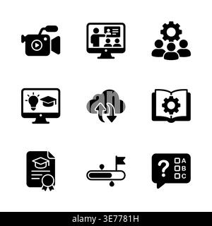Set of black glyph icons for online education, learning Stock Vector