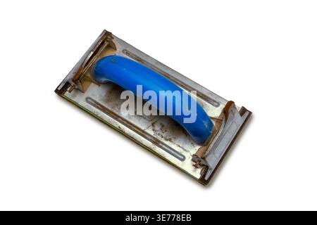 Manual Hand Sanding Tool with Blue Handle Isolated on White Backdrop Stock Photo