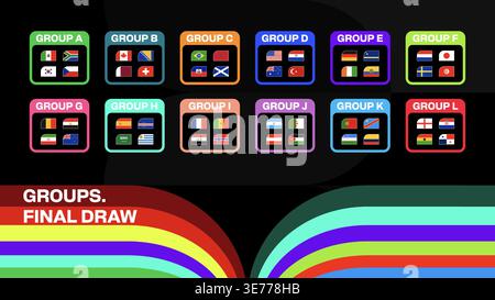 Football 2026 Tournament Group Stage Final Draw with National Flags Displayed for International Sports Event.. Stock Vector