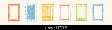 Set of hand drawn coloful childish crayon doodle postage stamp frames. Summer pencil sketch border. Kid photo, painting, picture frame. Postcard vinta Stock Vector