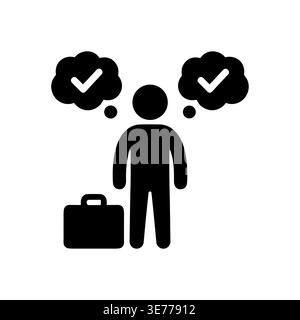 Businessman with briefcase thinking about solutions black and white icon Stock Vector