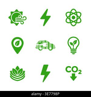 Green energy sources and sustainable energy vector icon set Stock Vector