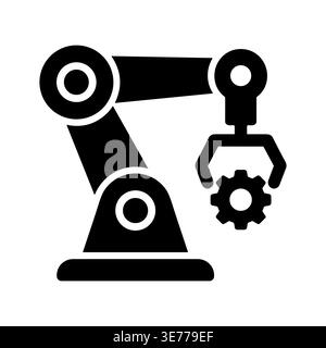 Industrial robotic arm holding gear, solid icon design style Stock Vector