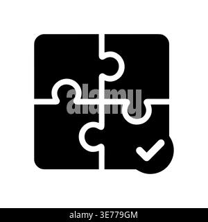 Black and white puzzle icon with checkmark, solid vector style Stock Vector