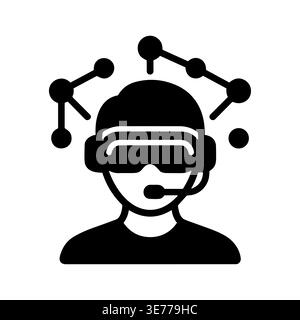 Person wearing VR headset, experiencing virtual reality, glyph icon Stock Vector