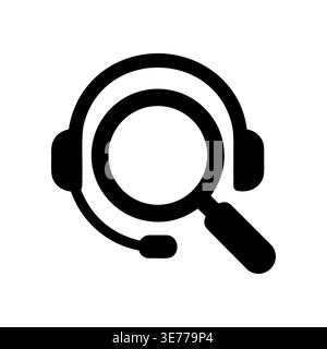 Customer service icon with magnifying glass and headset, glyph style Stock Vector