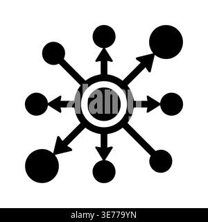 Black flat icon of network hub with connections around Stock Vector
