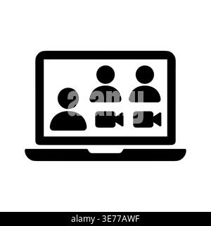 Laptop video conference icon with three participants, black glyph style Stock Vector