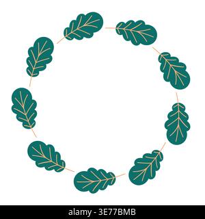 Oak green leaf wreath illustration with foliage arranged in a circular frame. Flat style isolated on white background for cards, invitations and Stock Vector