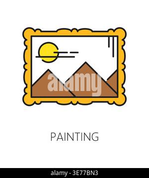 Museum art gallery and exhibition color line icon of painting picture, vector pictogram. Museum antique exhibit or artist culture and art gallery icon of ancient painting artwork masterpiece Stock Vector