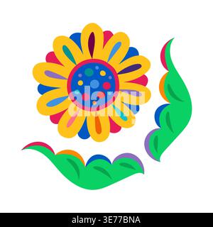 Mexican holiday abstract flower decoration or object with yellow and violet petals and green leaves. Mexico festival decoration, Mexican holiday floral vector element. Latin American folklore flower Stock Vector