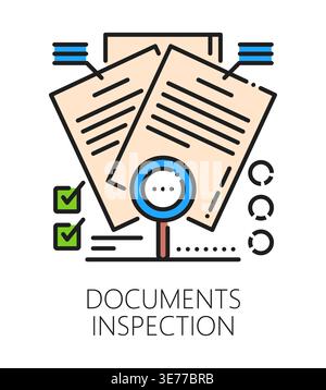Company documents inspection icon or pictogram. Regulatory certification sign, documents inspection color line vector pictogram. Product quality control icon or symbol with papers and magnifying glass Stock Vector