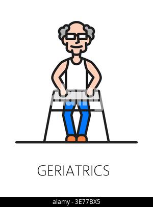 Elderly care service geriatrics color line icon or symbol. Senior help home linear pictogram, elderly nursing center vector icon. Old people care service sign with elderly man walking on walkers Stock Vector