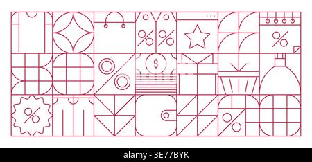 Shopping and retail sale geometric abstract pattern. Vector grid background with linear discount icons like percentage signs, price tags, shopping bags, clothes, wallets, and gift boxes for sales Stock Vector