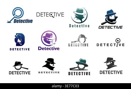 Private detective icons, vector secret agent, spy, police inspector or mafia gangster. Mystery man and dog heads silhouettes with hats, magnifying glasses and smoking pipe symbols of detective agency Stock Vector