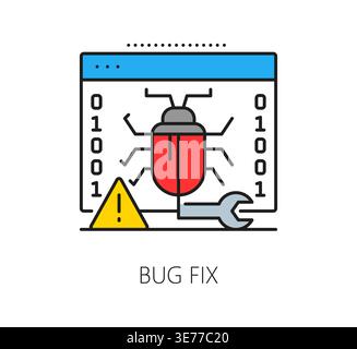 Bug fix icon with software bug inside computer screen, warning sign and wrench tool for debugging and maintenance. Programming error solution in system development process, technology vector sign Stock Vector