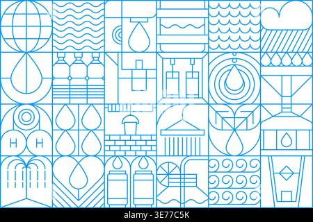 Abstract water geometric pattern. Blue geometric pattern with waves, rippling seas, and raindrops. Minimalist vector elements including bottles, glasses, ice cubes for World Water Day campaign Stock Vector