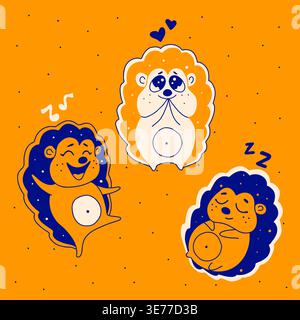 Cute hedgehog characters set sleeping and dreaming on orange background Stock Vector