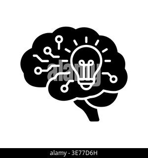 Artificial intelligence brain with lightbulb, creative idea black glyph icon Stock Vector