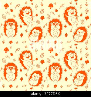 Seamless hedgehog pattern with forest elements in cute cartoon style Stock Vector