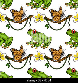 Seamless vector pattern of green tree frogs and monarch butterflies on a branch with plumeria flowers Stock Vector